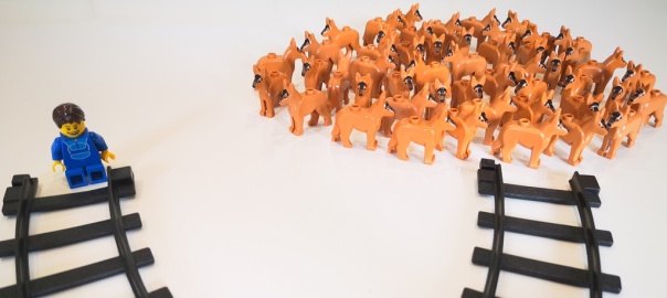 Zdjęcie ilustrujące dylemat wagonika. Mężczyzna i grupa psów z klocków LEGO stoi  koło torów kolejowych | fot. Mariola Paruzel-Czachura