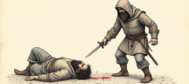 Ilustracja w stylu ryciny ze starej księgi. Przedstawia brodatego mężczyznę w stroju typowym dla średniowiecza, na głowie ma kaptur, w dłoni trzyma sztylet i mierzy nim do innego brodatego mężczyzny leżącego na ziemi i krwawiącego | fot. AI